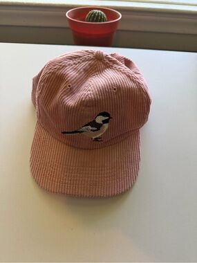 Pink Corduroy Baseball Cap with Embroidered Bird